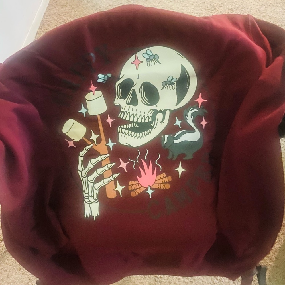 Skull Maroon Happy Camper Sweater Sz XL NWT